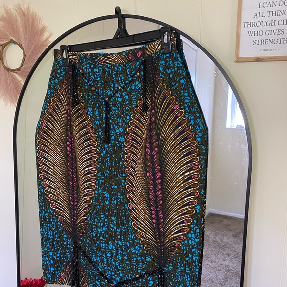 Blue and Brown A-Line Midi Skirt for Cocktail - Picture 3 of 4